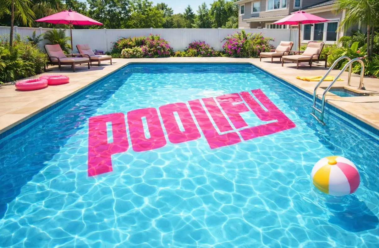 A sparkling backyard pool on a sunny day with the Poolify wordmark reflected in the water